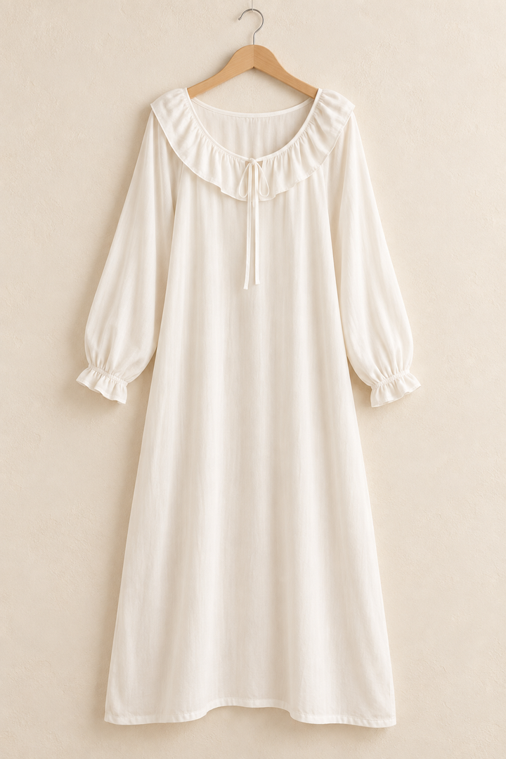 100% Cotton Lace-Trim Nightgown in Ivory, Long Sleeve