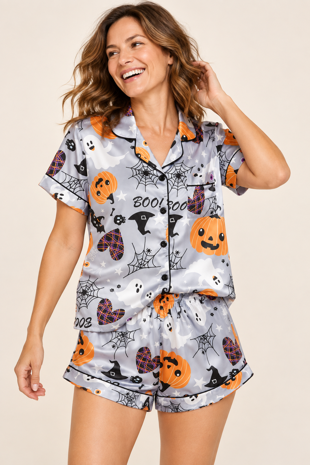 Satin Halloween Pajama Set for Women, Short Sleeve
