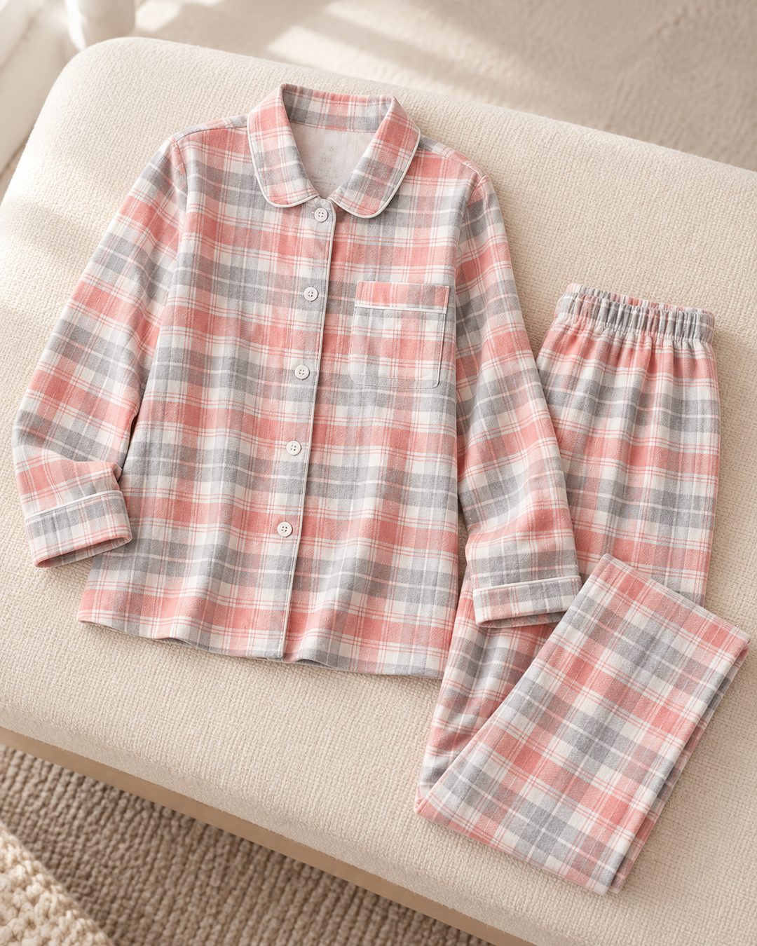 100% Cotton Flannel Pajama Set for Women, Plaid Long Sleeve