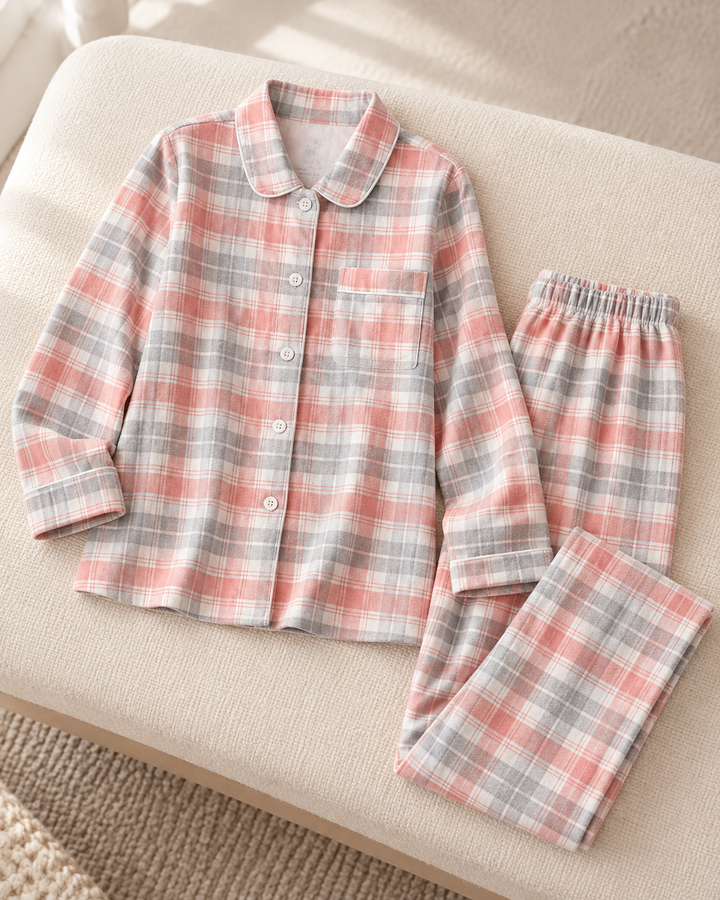100% Cotton Flannel Pajama Set for Women, Plaid Long Sleeve