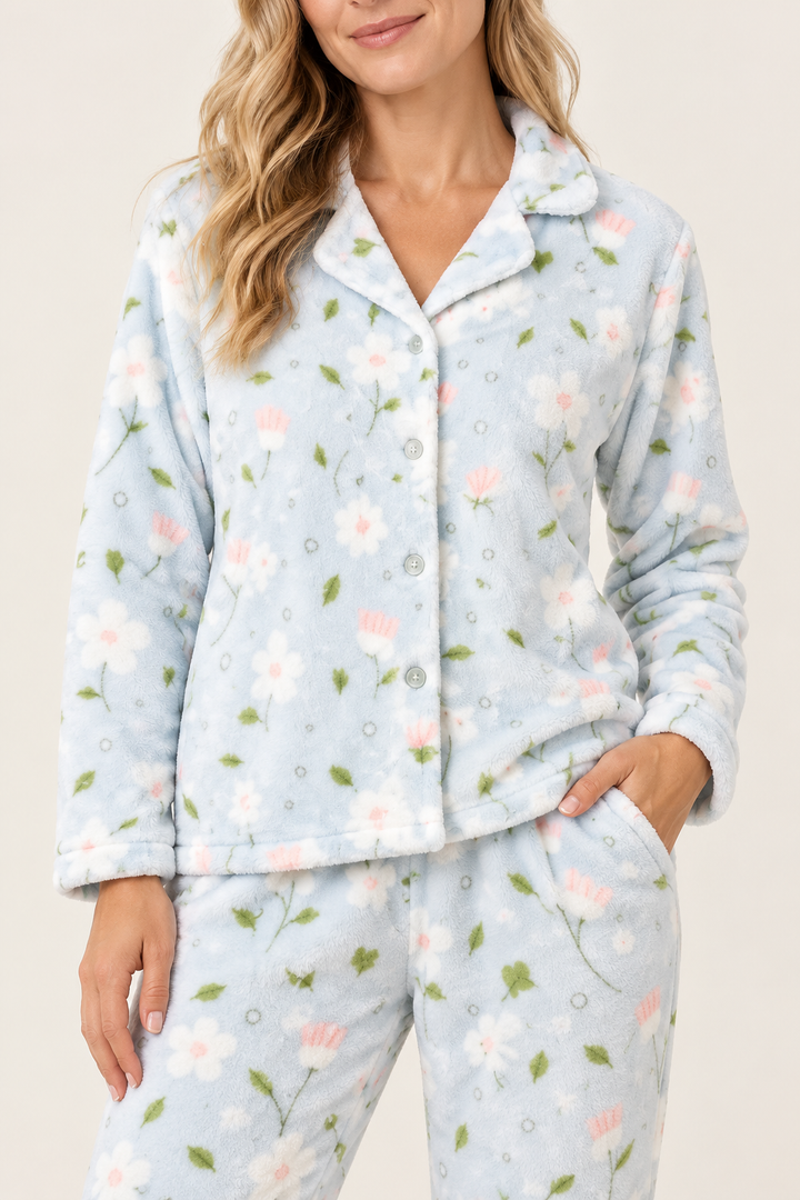 Fuzzy Fleece Cardigan Pajama Set for Women, Floral