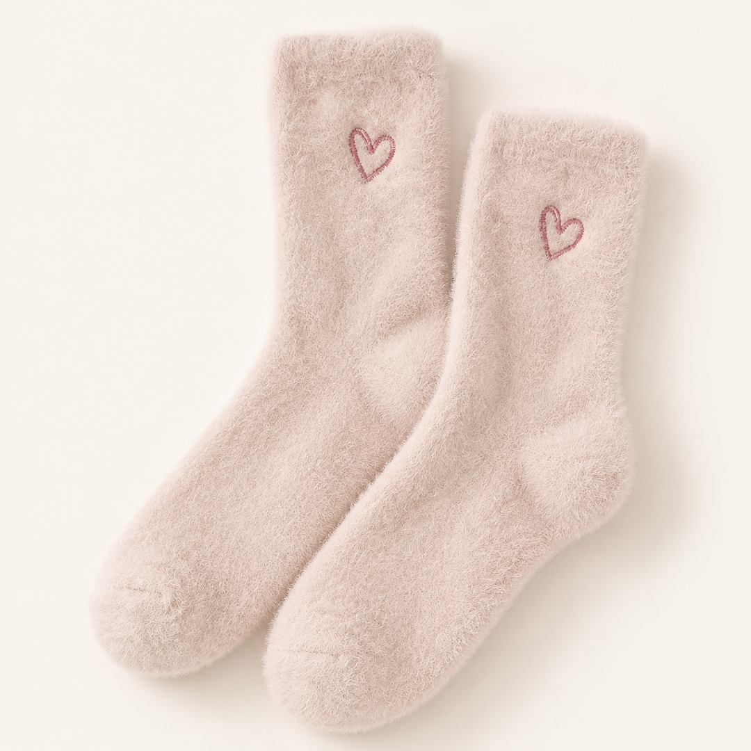 Fluffy Socks for Women, Soft Embroidered Heart Crew Socks