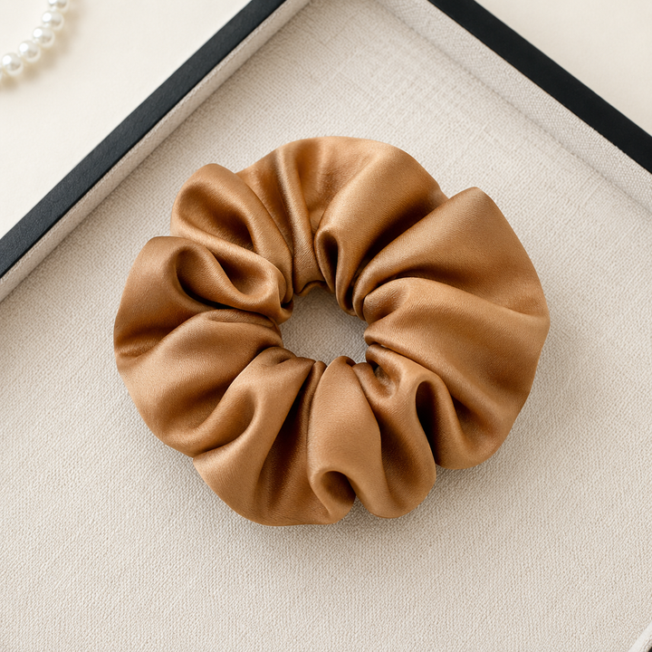 Satin hair scrunchie with a wide soft band - Dark Coffee