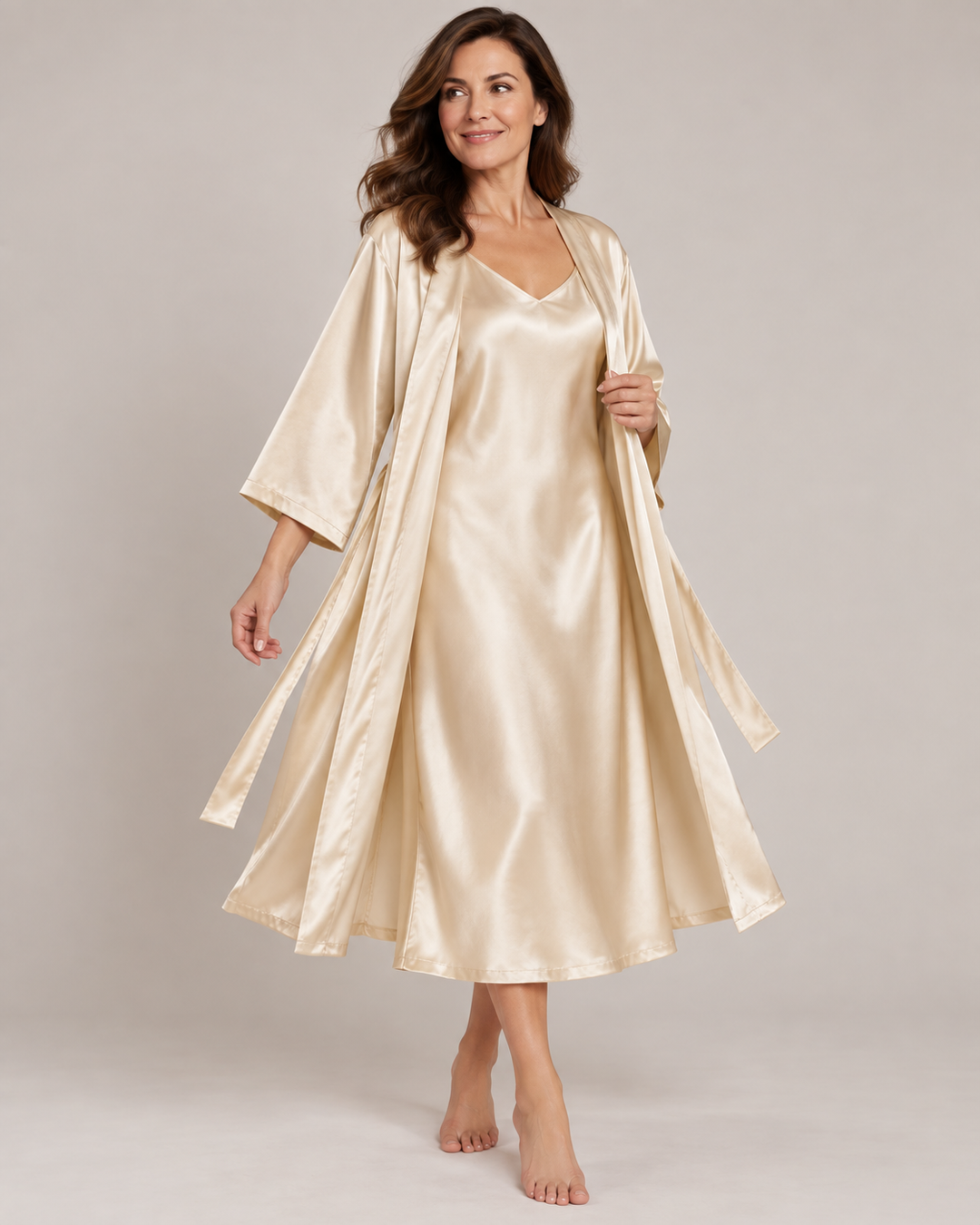 Satin Robe and Nightgown Set for Women, Long Robe with Slip