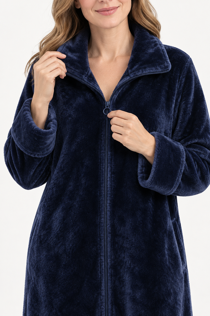 Long Zip-Front Flannel Fleece Robe for Women, Warm Housecoat