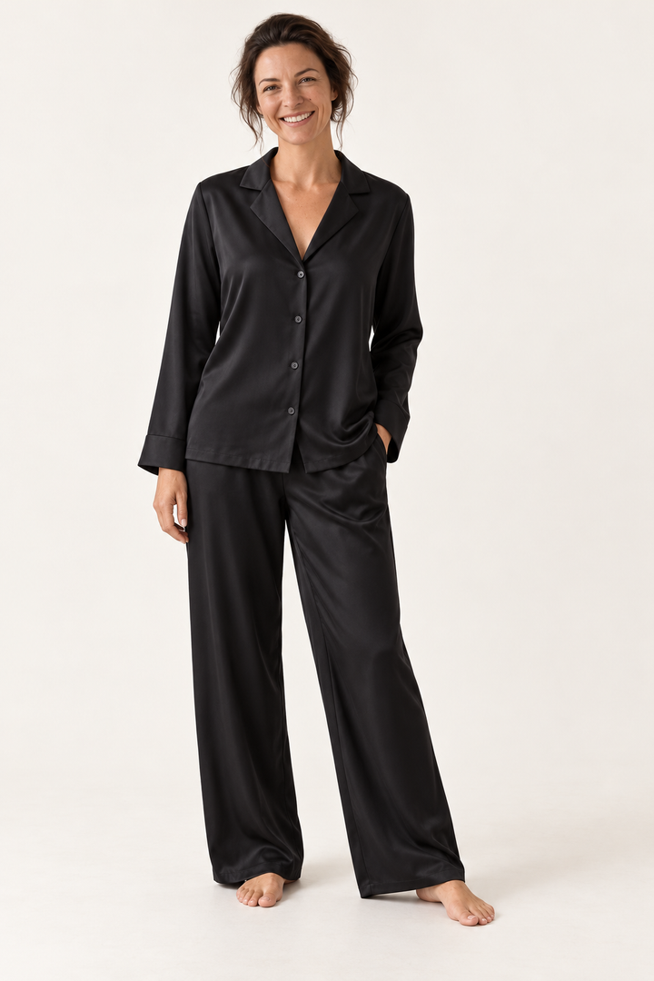 Satin Wide-Leg Pajama Set for Women, Button-Up