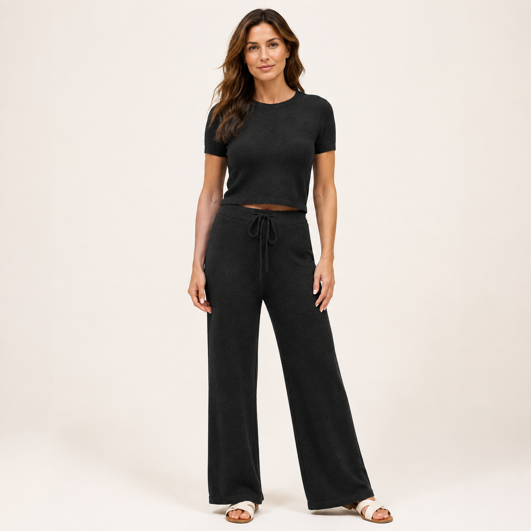Knit Set for Women, Short Sleeve Top and Wide Leg Pants