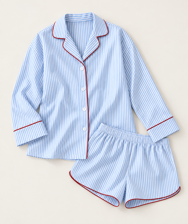 100% Cotton Striped Pajama Set for Women, Piped Top and Shorts