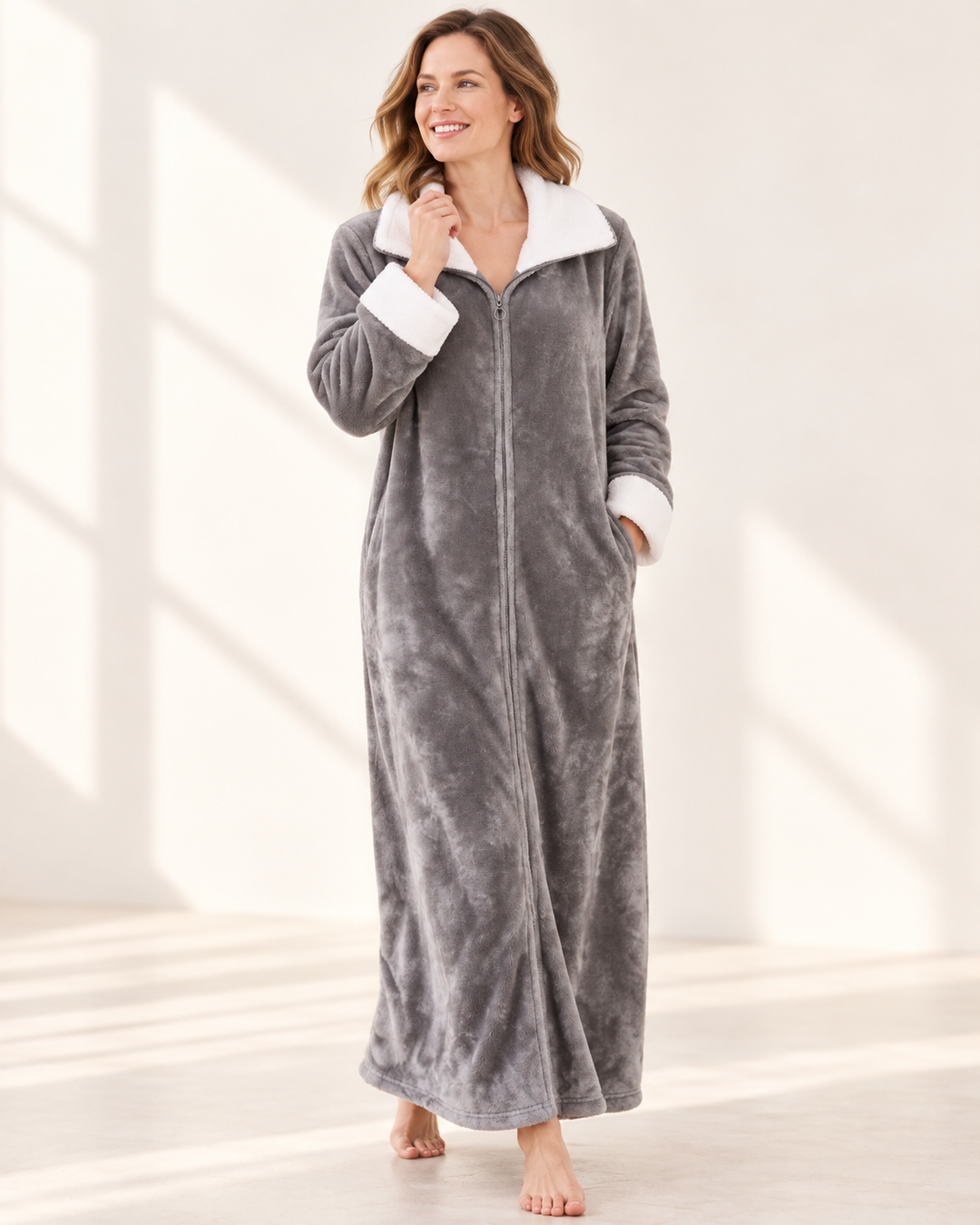 Long Zip-Front Flannel Fleece Robe for Women, Warm Housecoat