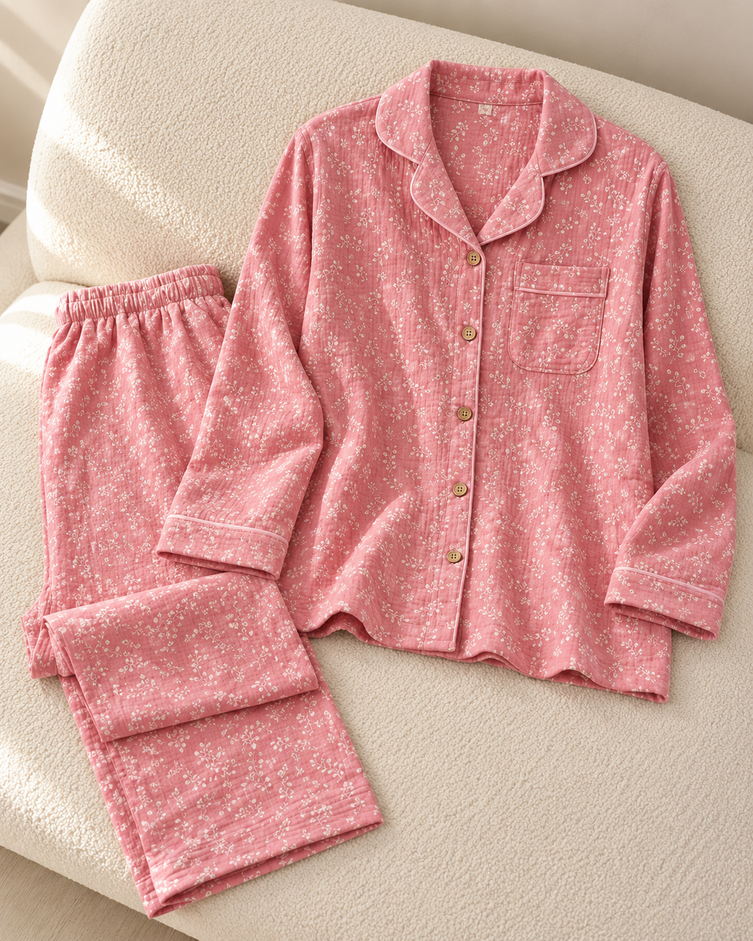 Cotton Gauze Pajama Set for Women, Long Sleeve Button-Up