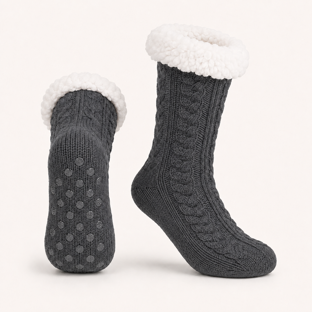 Cable Knit Slipper Socks - Sherpa Cuff, Non Slip