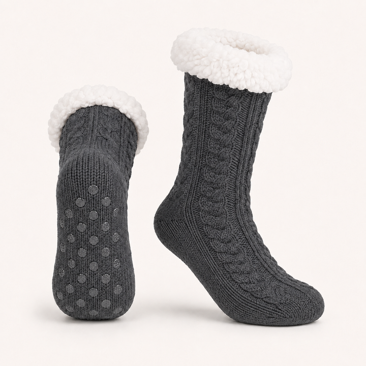 Cable Knit Slipper Socks - Sherpa Cuff, Non Slip