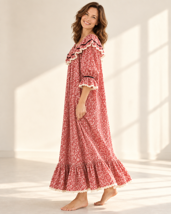 100% Cotton Nightgown for Women, Vintage Floral Ruffle Neckline