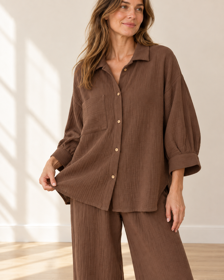 100% Cotton Muslin Lounge Set for Women, Shirt and Pants