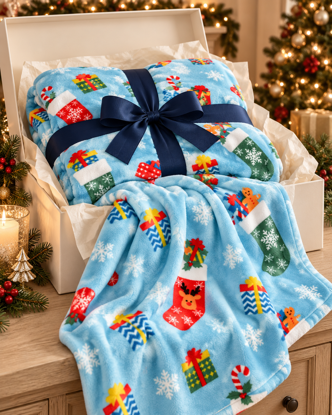 Christmas Fleece Blanket Gift, Ribbon-Wrapped Throw