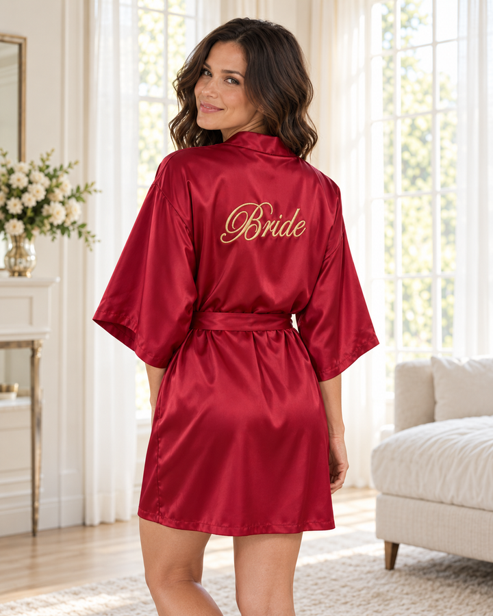 Bridal Party Satin Robe, Embroidered Bride &amp; Bridesmaid Kimono