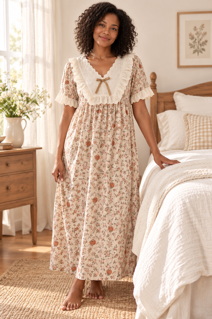Cotton Nightgown for Women, Floral Print with Ruffle Collar