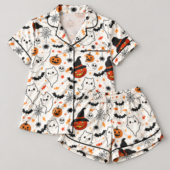 White Ghost Satin Halloween Pajama Set for Women