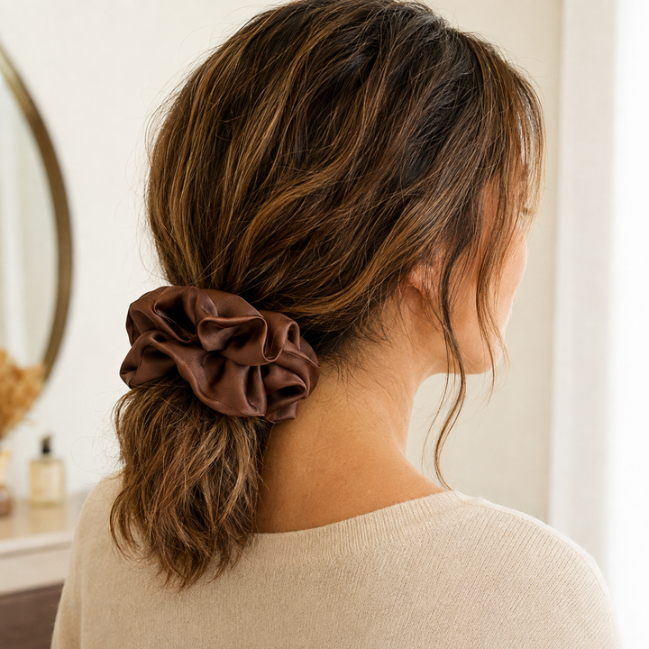 Satin hair scrunchie with a wide soft band - worn in the hair
