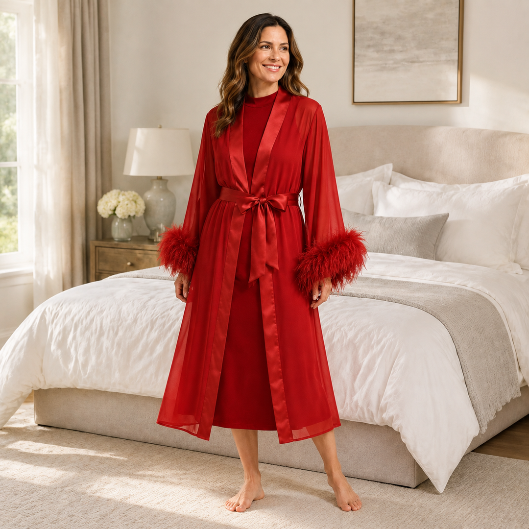 Sheer Feather Trim Robe - Long Sleeve
