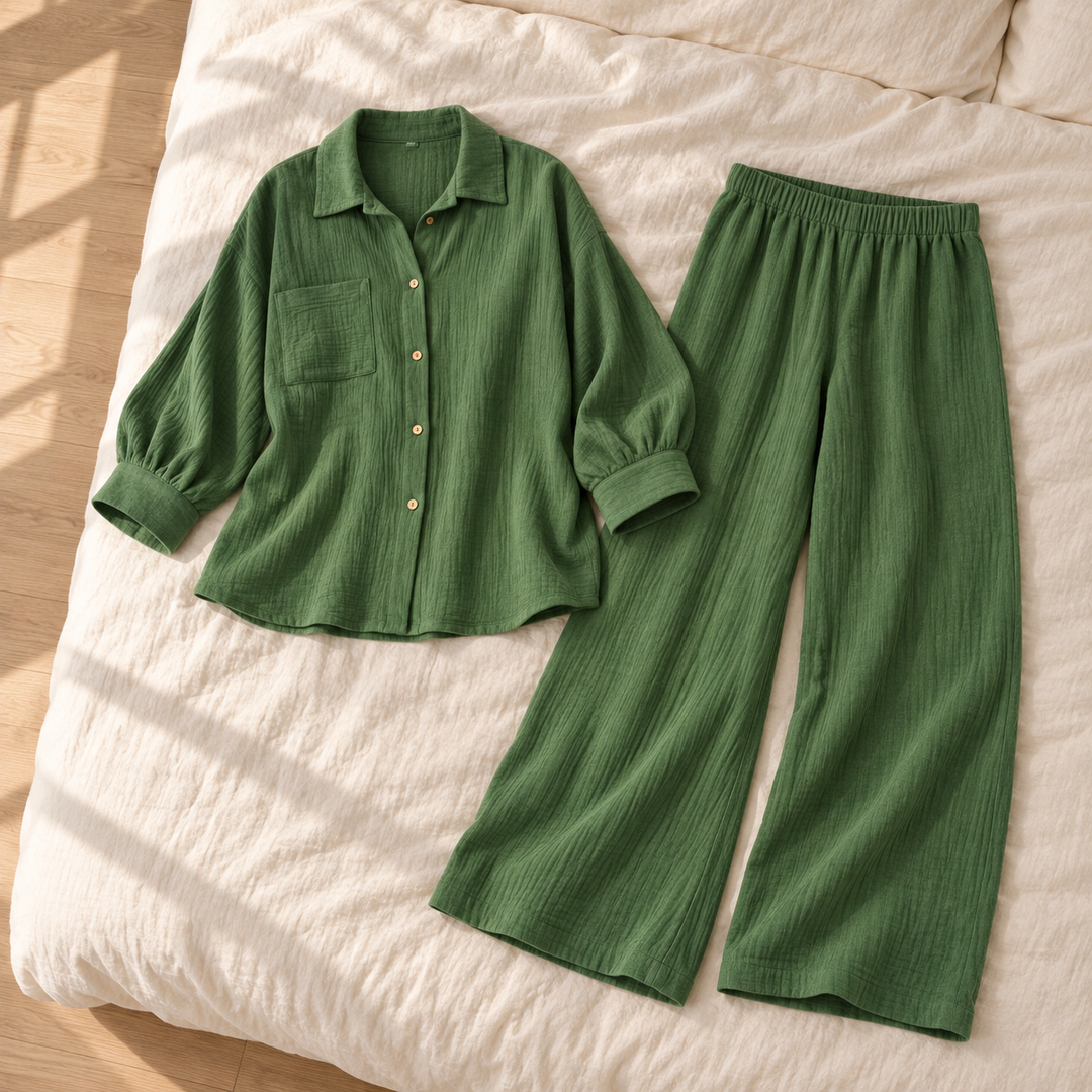 100% Cotton Muslin Lounge Set for Women, Shirt and Pants