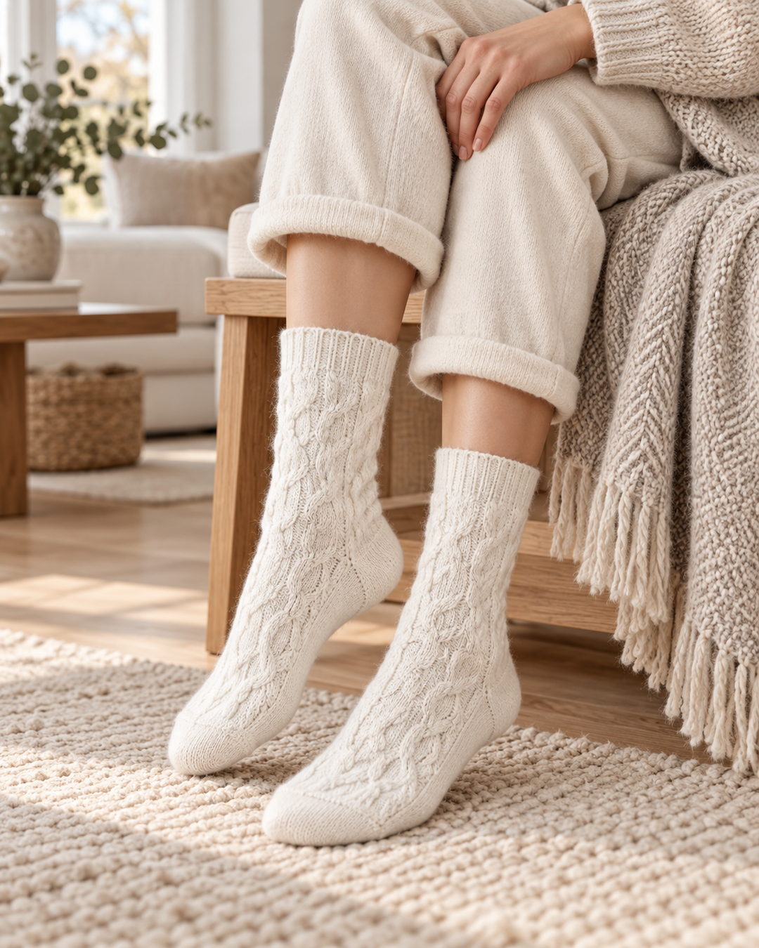 Wool Crew Socks for Women, Floral Knit with Lace Trim