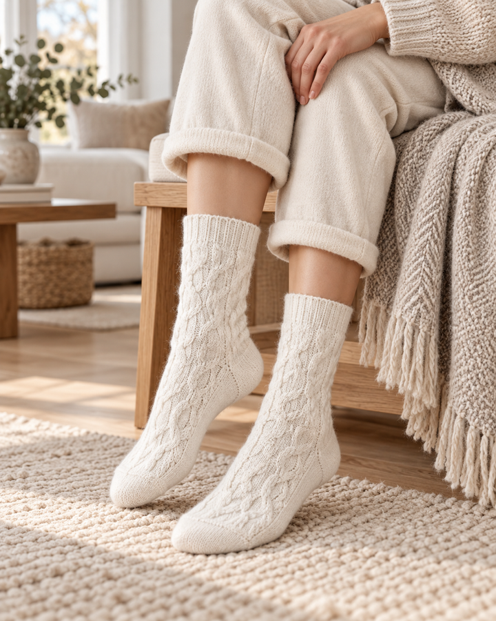 Wool Crew Socks for Women, Floral Knit with Lace Trim