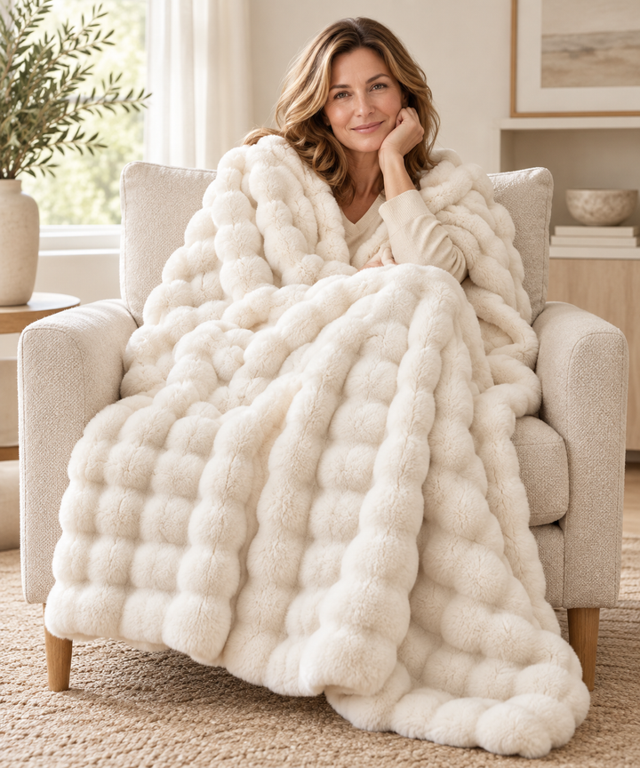 Faux Fur Throw Blanket, Cozy Plush Bubble Fleece 39 x 63 in