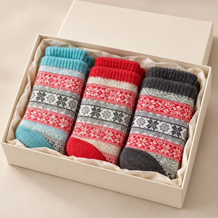 Wool Blend Crew Socks for Women, Vintage Nordic Knit Gift Set