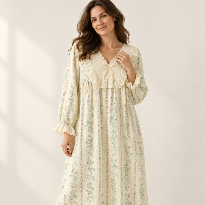 100% Cotton Nightgown for Women, Long Sleeve Floral