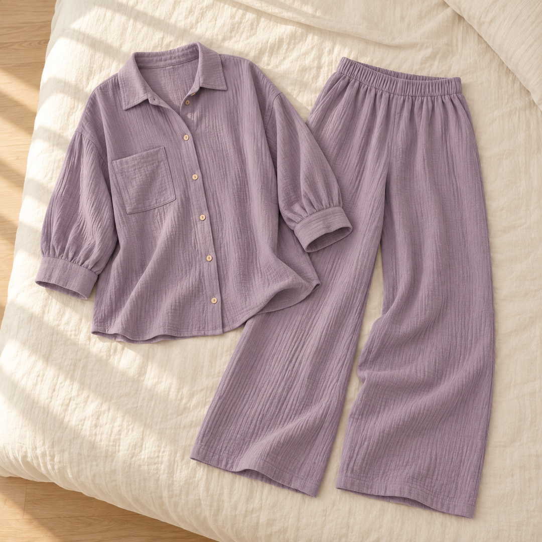 100% Cotton Muslin Lounge Set for Women, Shirt and Pants