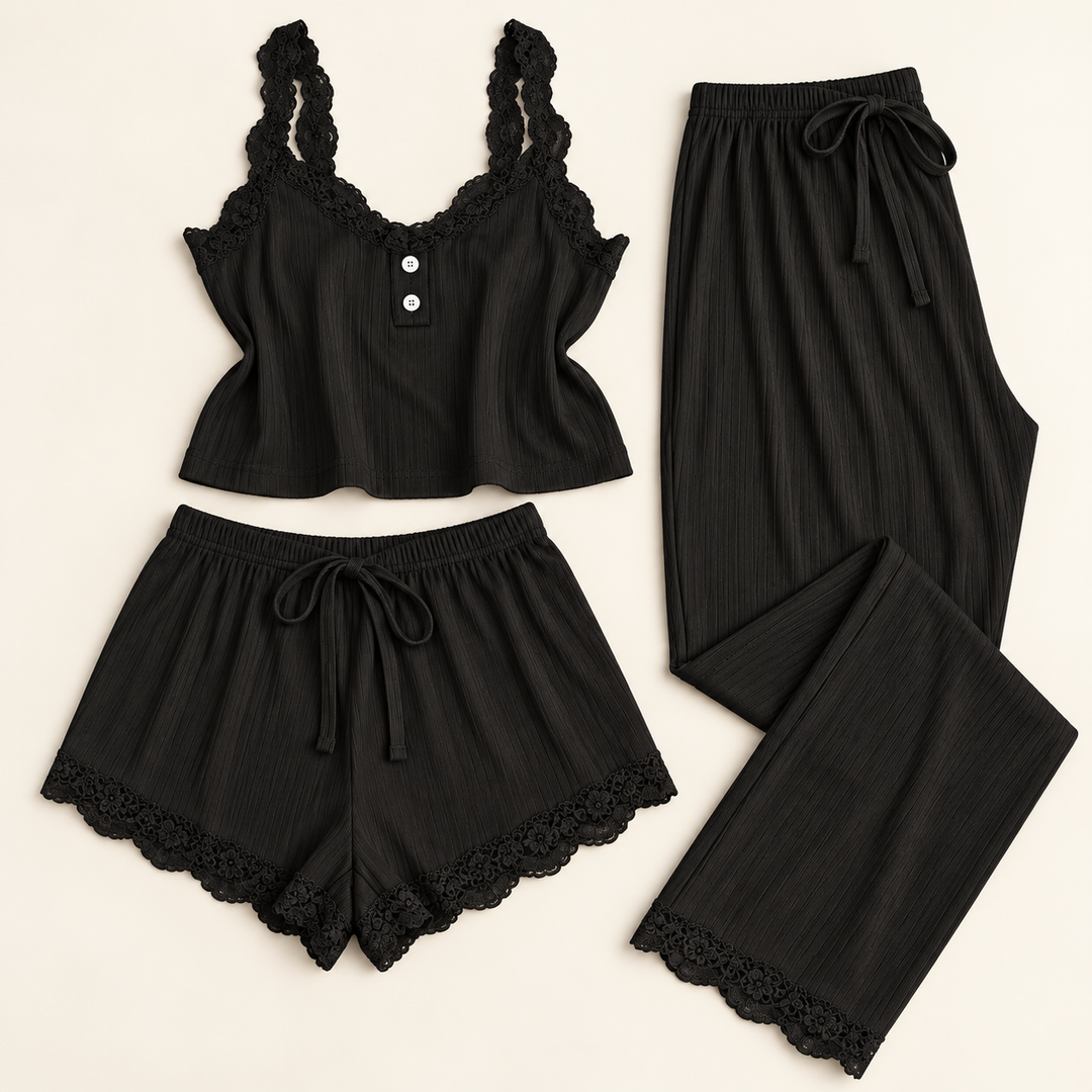 Satin 3-Piece Pajama Set for Women, Cami, Shorts and Pants