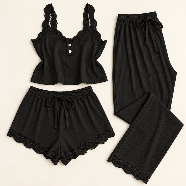 Satin 3-Piece Pajama Set for Women, Cami, Shorts and Pants