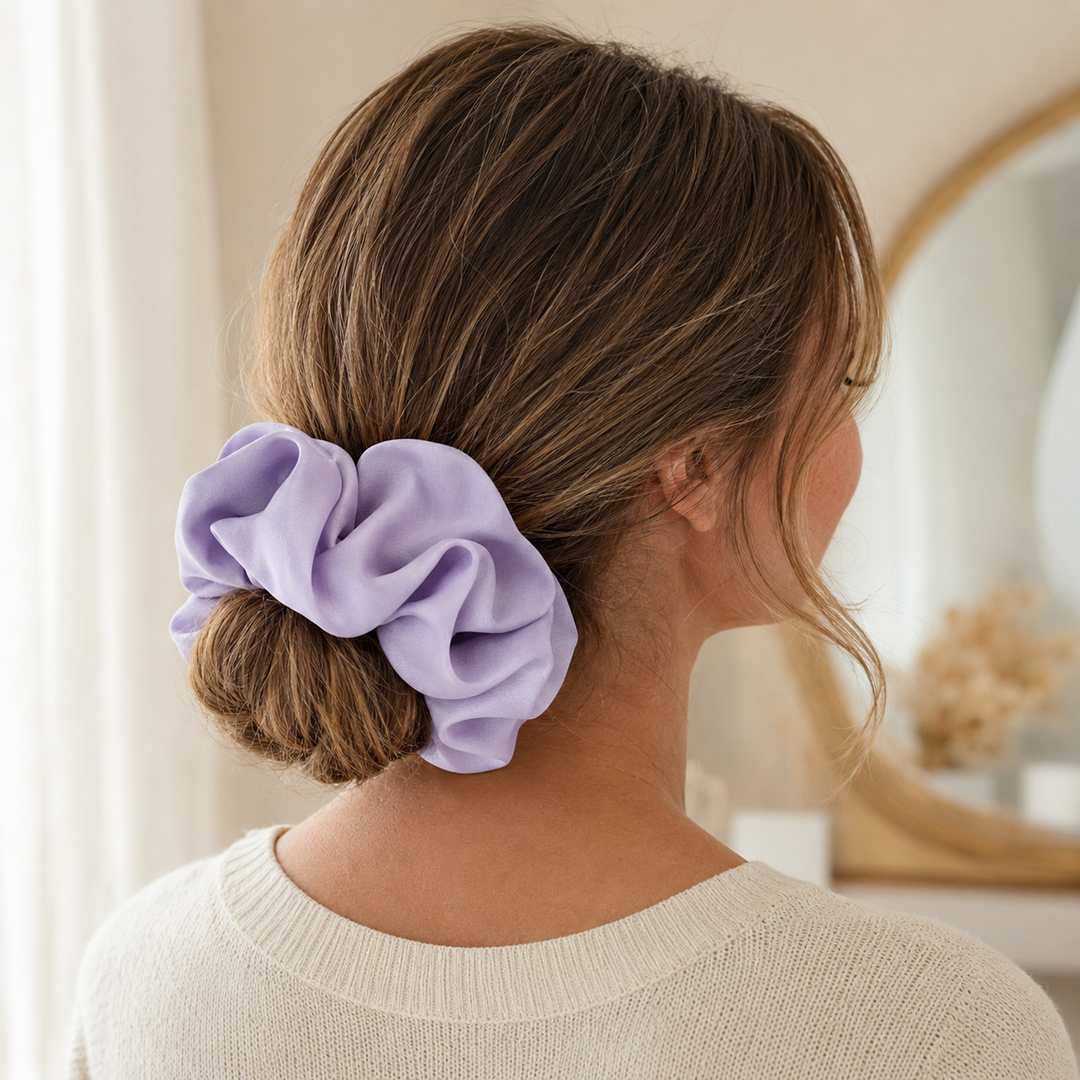 Satin hair scrunchie with a wide soft band - shown on a dresser
