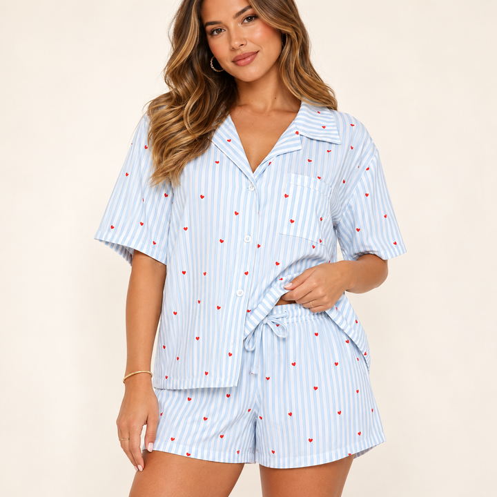 Striped Pajama Set for Women, Printed Button-Down Top &amp; Shorts