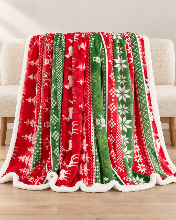 Fleece Christmas Blanket, Red and Green Knitted Stripe Gift