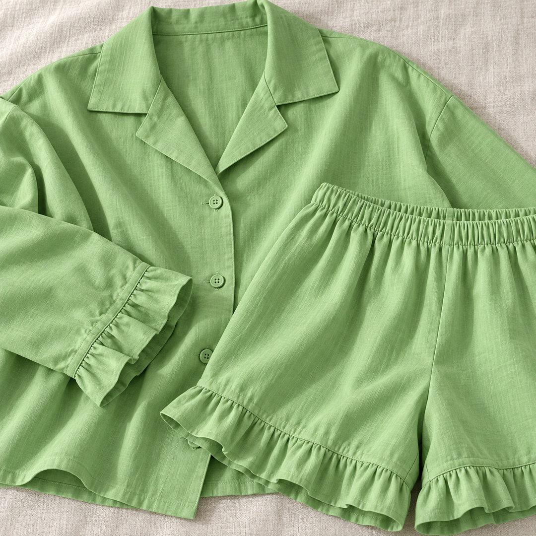 100% Cotton Ruffle Pajama Set for Women, Long Sleeve &amp; Shorts