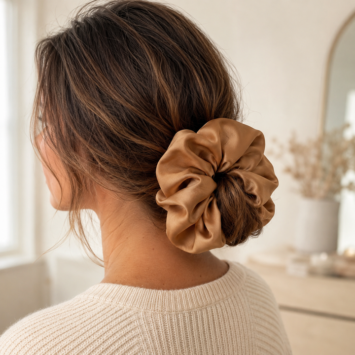 Satin hair scrunchie with a wide soft band - shown flat