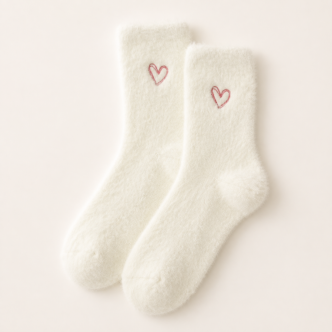 Fluffy Socks for Women, Soft Embroidered Heart Crew Socks