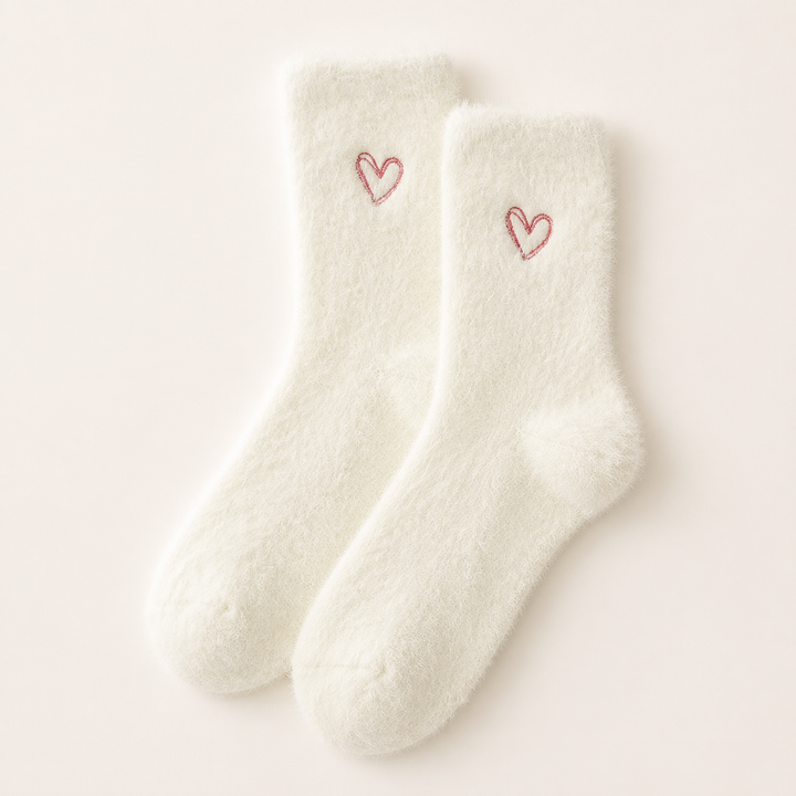 Fluffy Socks for Women, Soft Embroidered Heart Crew Socks