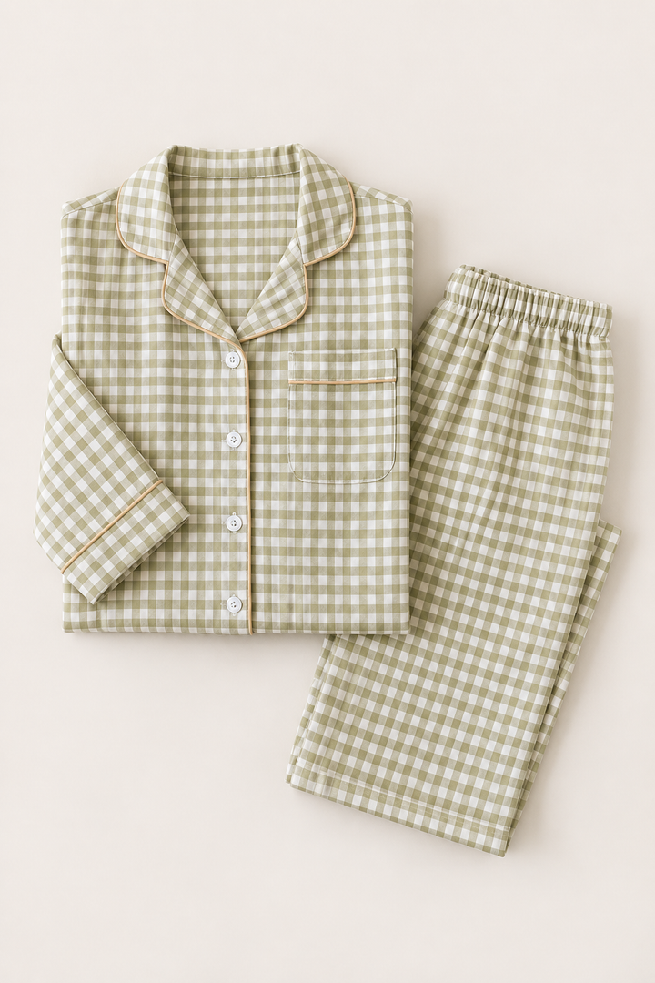 100% Cotton Double Gauze Pajama Set for Women, Plaid Long Sleeve