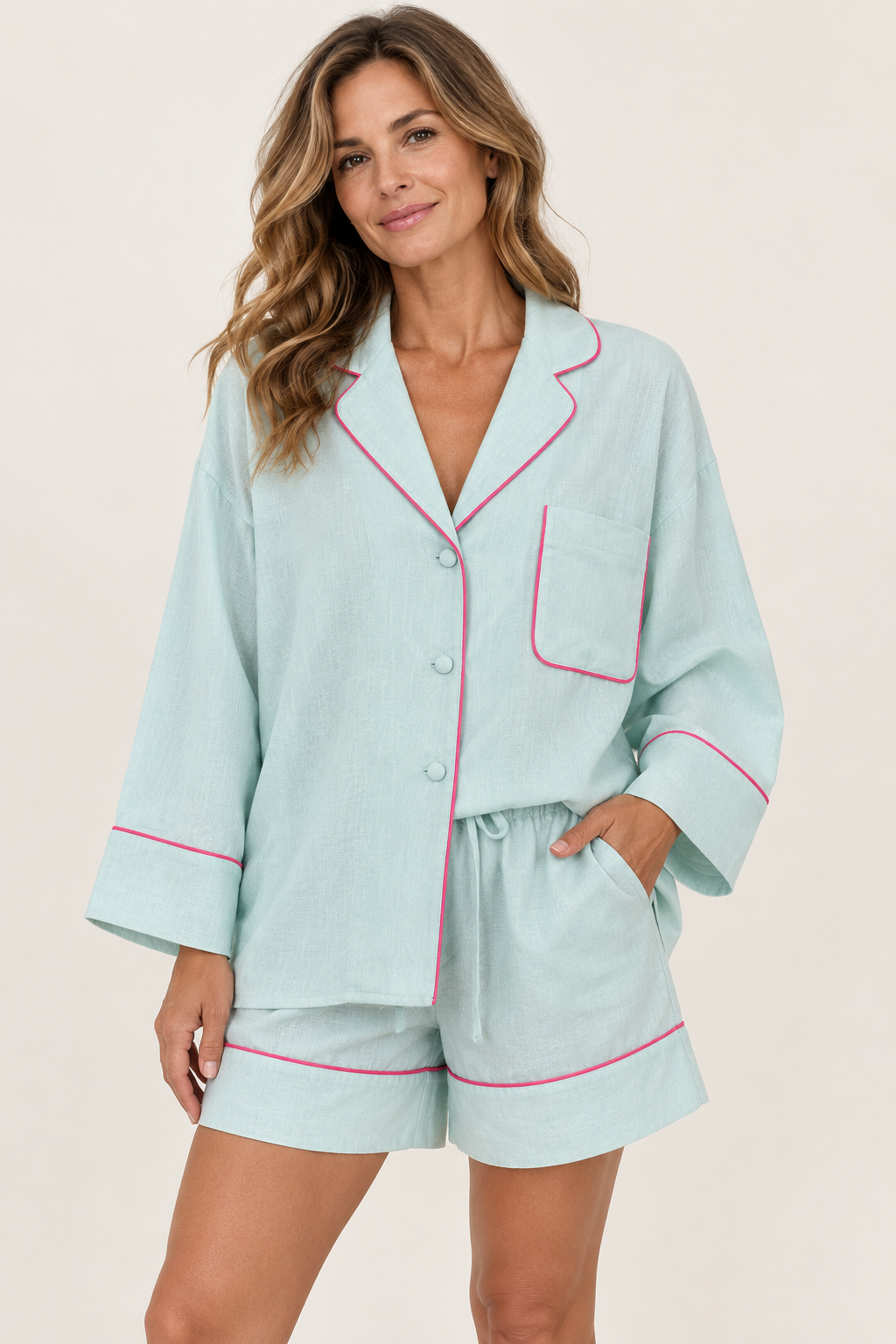 100% Cotton Piped Lounge Set for Women, Shirt and High Waist Shorts