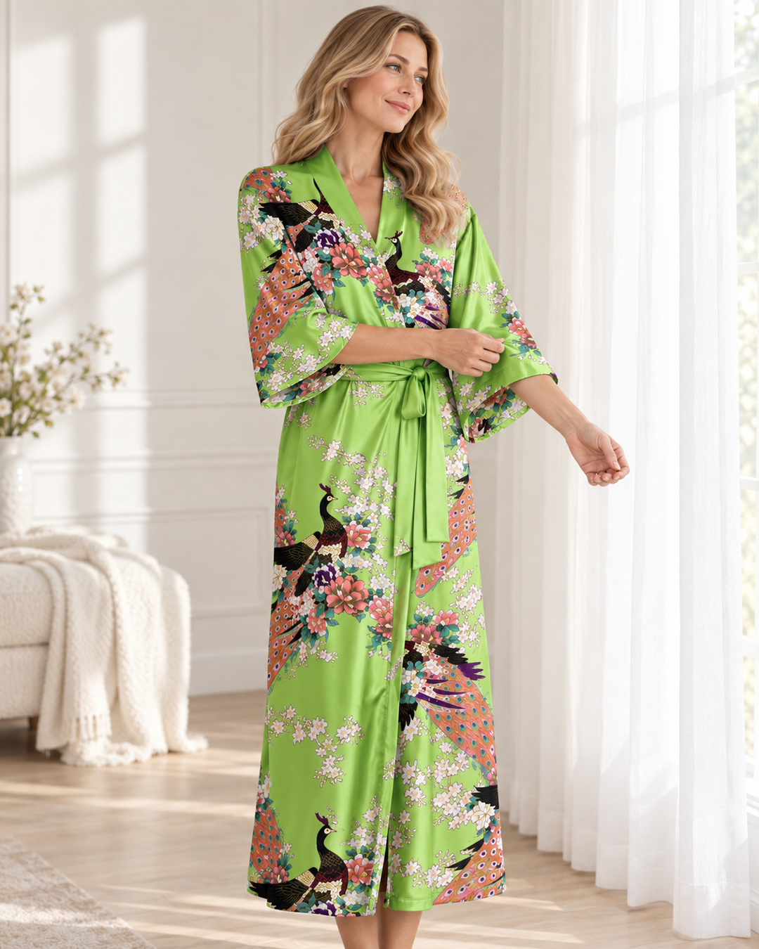 Long Satin Kimono Robe for Women, Peacock Print with Tie Belt