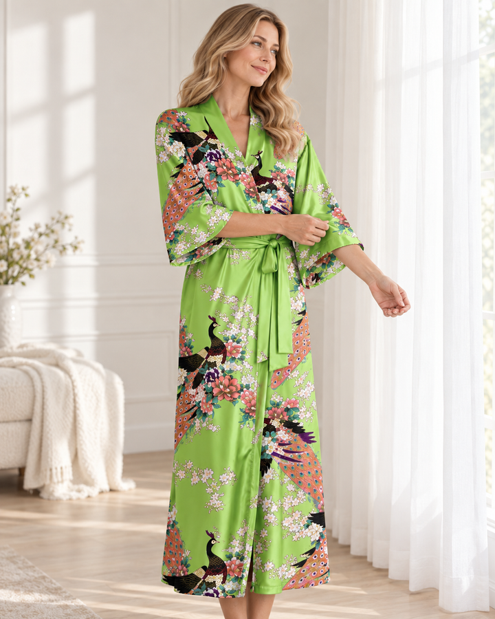 Long Satin Kimono Robe for Women, Peacock Print with Tie Belt