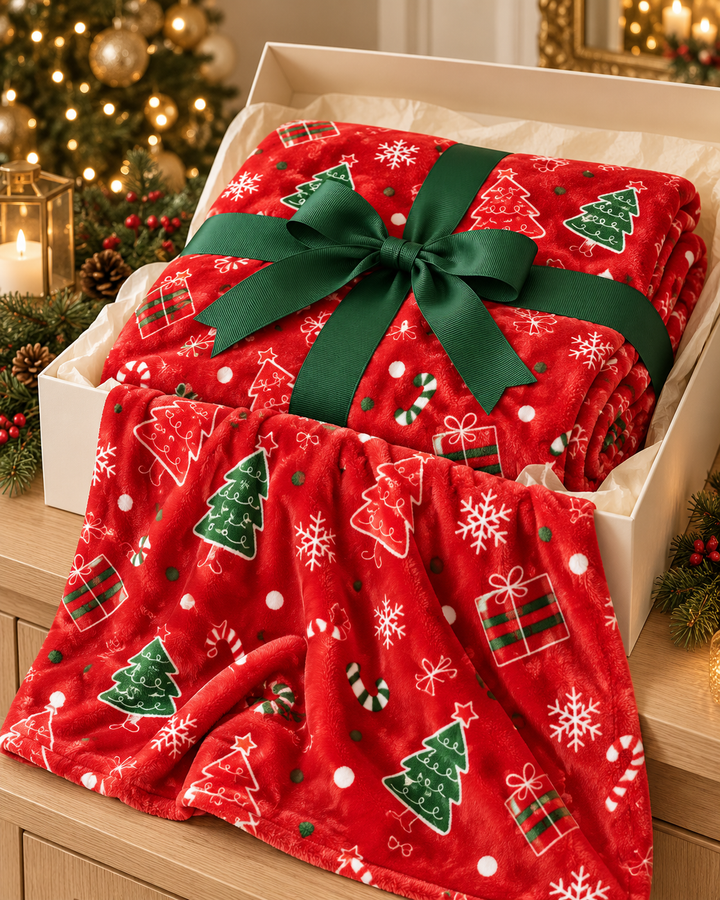 Christmas Fleece Blanket Gift, Ribbon-Wrapped Throw