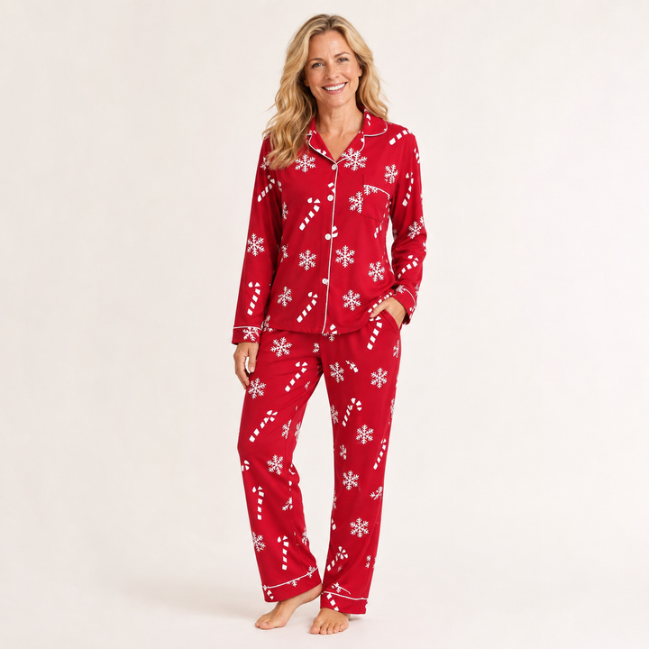 Christmas Pajama Set for Women, Lapel Collar and Long Pants