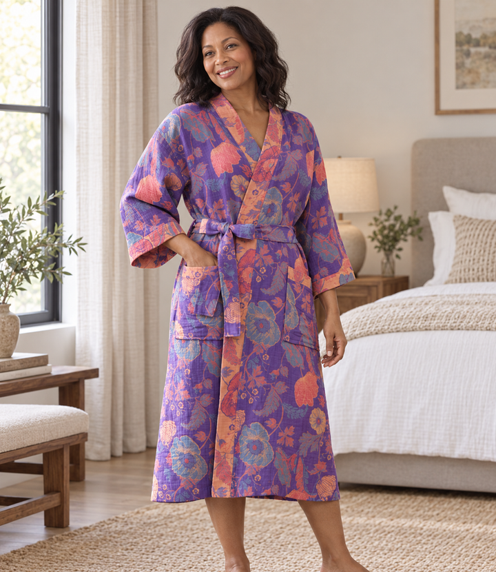 Cotton Gauze Robe for Women, Floral Print Kimono Wrap