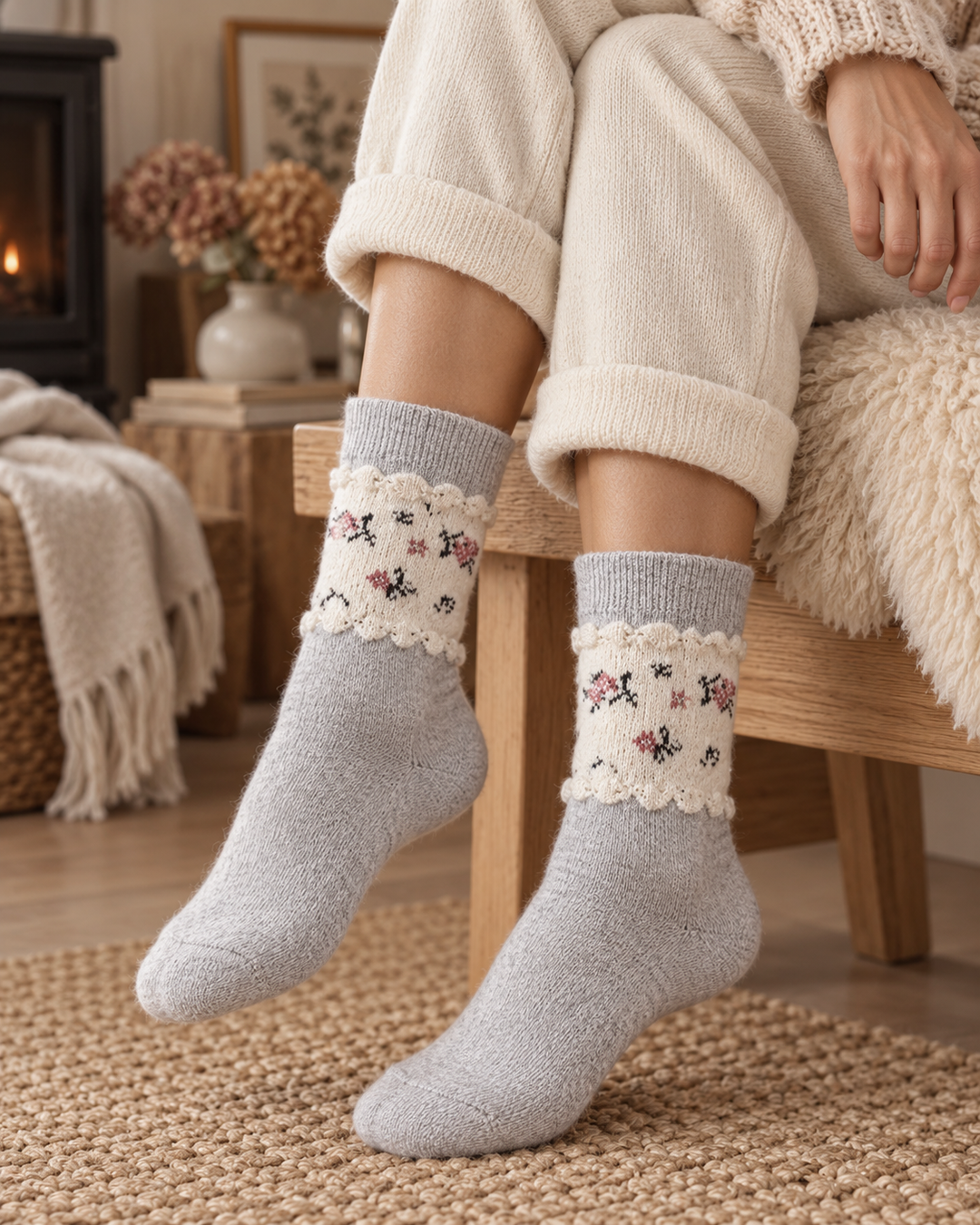 Wool Crew Socks for Women, Floral Knit with Lace Trim
