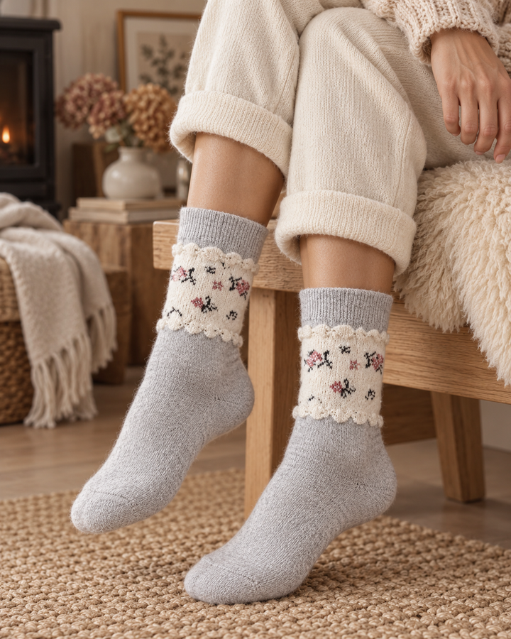 Wool Crew Socks for Women, Floral Knit with Lace Trim
