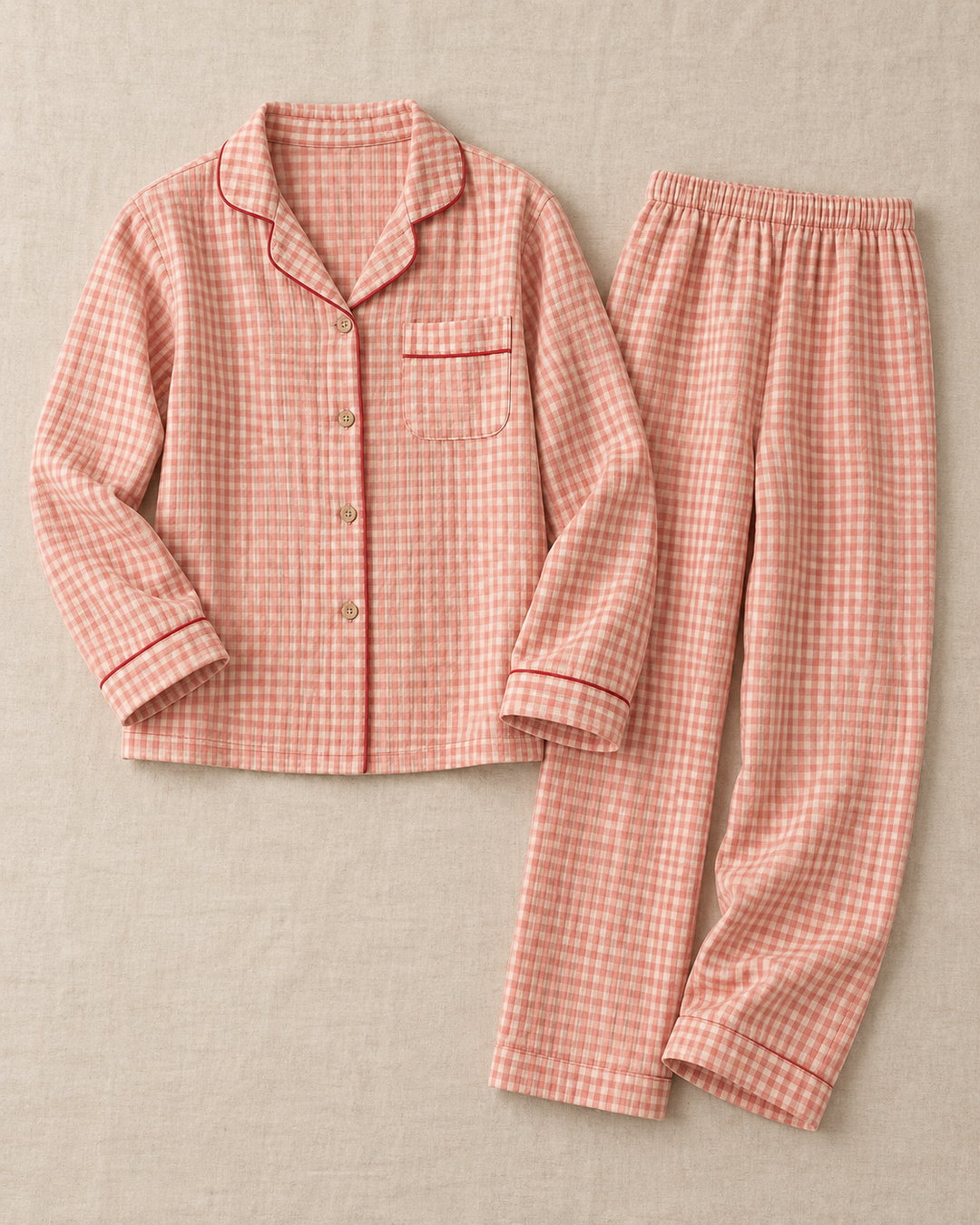 Cotton Gauze Pajama Set for Women, Long Sleeve Button-Up